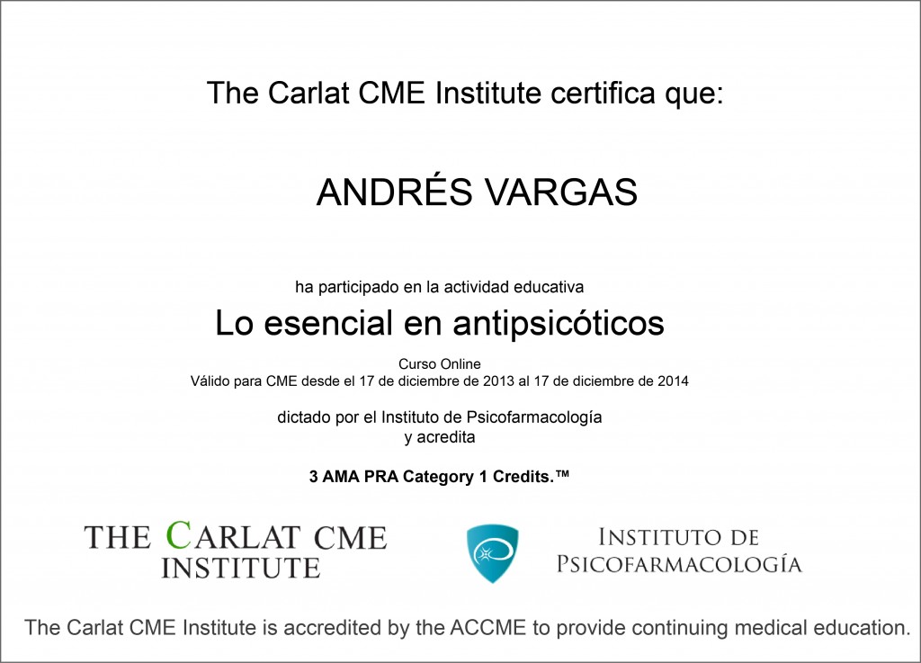 Ejemplo de un certificado acreditando horas CME.